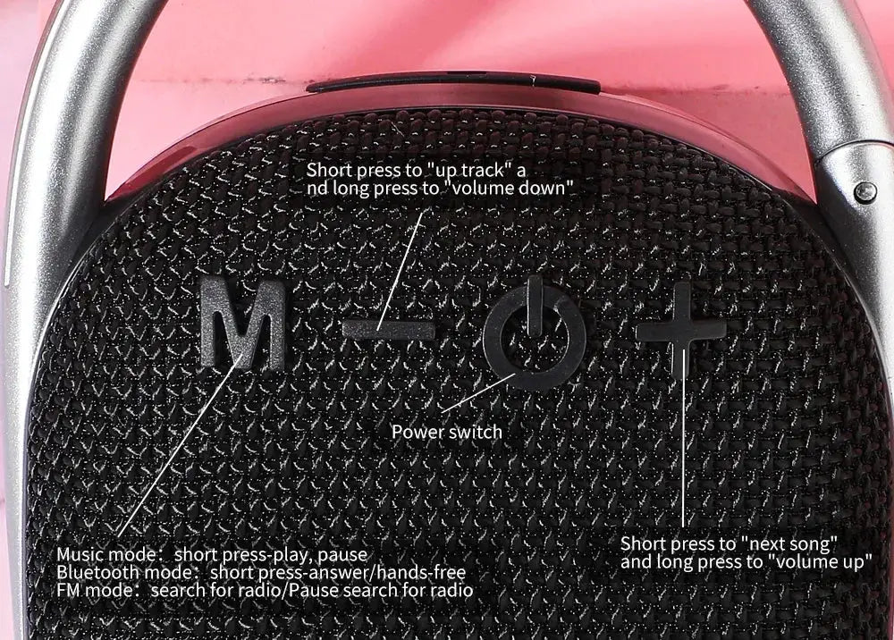 TG321 waterproof Bluetooth fabric speaker by Simples Market; black fabric grille with round control panel.