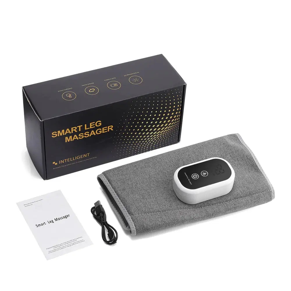 Smart leg massager by Simples Market in gray fabric wrap with wireless controller and USB cable.