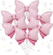 Six pink polka-dot bow-shaped aluminum foil balloons for weddings and parties