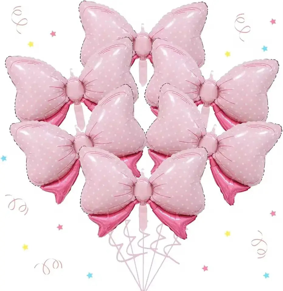 Six pink polka-dot bow-shaped aluminum foil balloons for weddings and parties