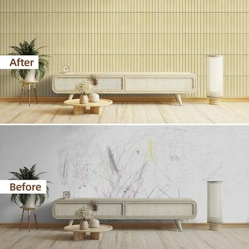 Simples Market faux wood grain self-adhesive wallpaper; light beige-brown wood panel, peel-and-stick wall decor.