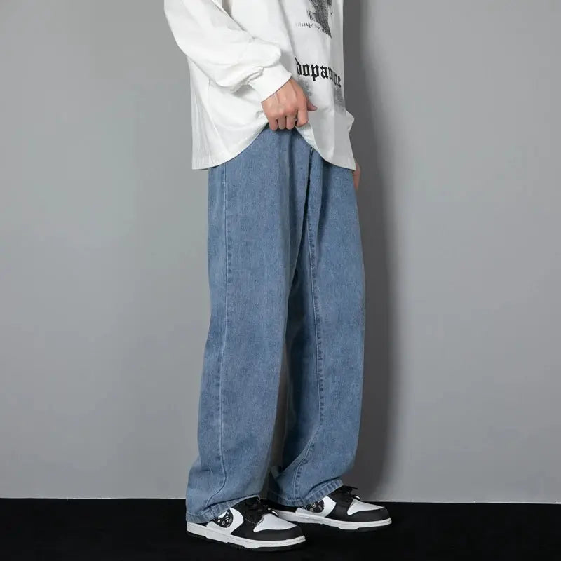 Korean men's casual wide-leg denim jeans in light blue, full-length with relaxed fit