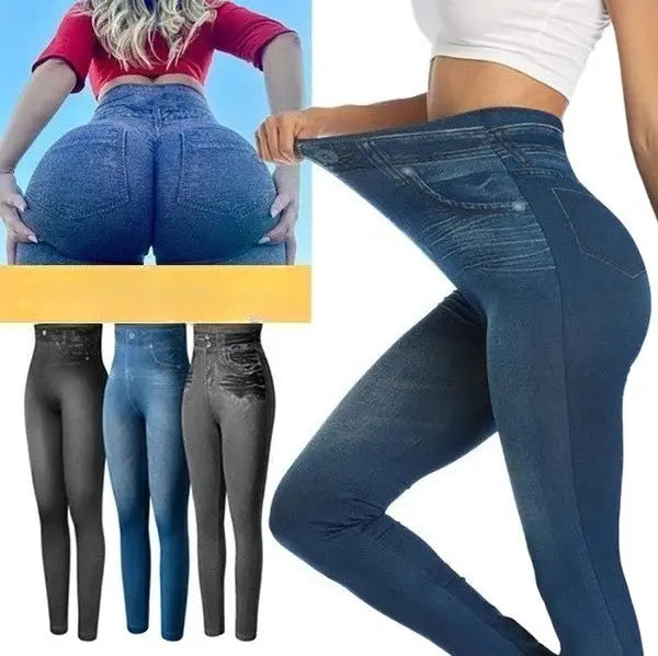 Denim-printed high-elasticity leggings for women, high-waist slim fit; 4 color options shown