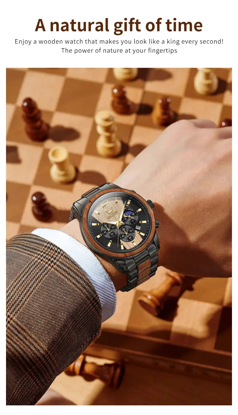 OLEVS men's wooden quartz wristwatch with black dial, gold-tone hands, wood bezel, and black metal band.