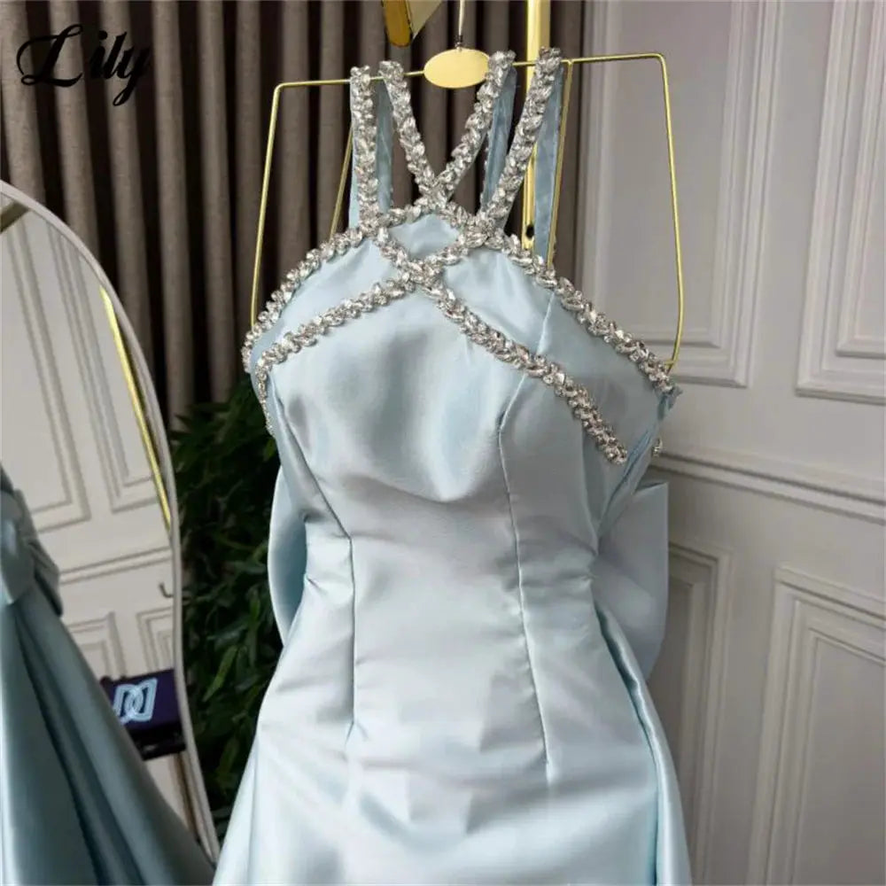 Lily Light Blue Prom Dress With Shiny Beading Halter Detachable Train