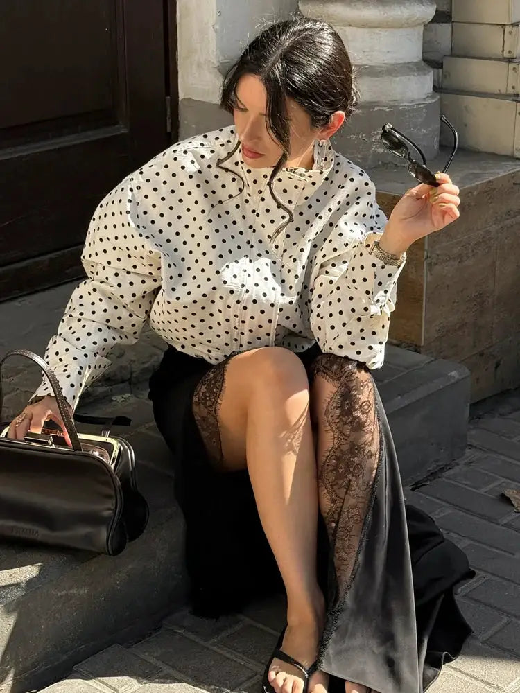 Women's Polka Dot Print Short Coat With Zipper Front Turtleneck Pockets And Drawstring Waist