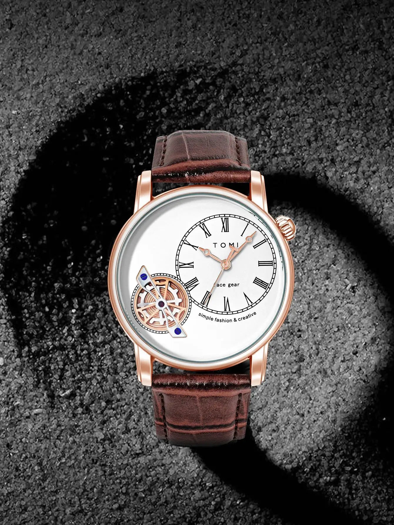 TOMI men's quartz watch with rose-gold case, white Roman dial, open-heart gear, brown leather strap