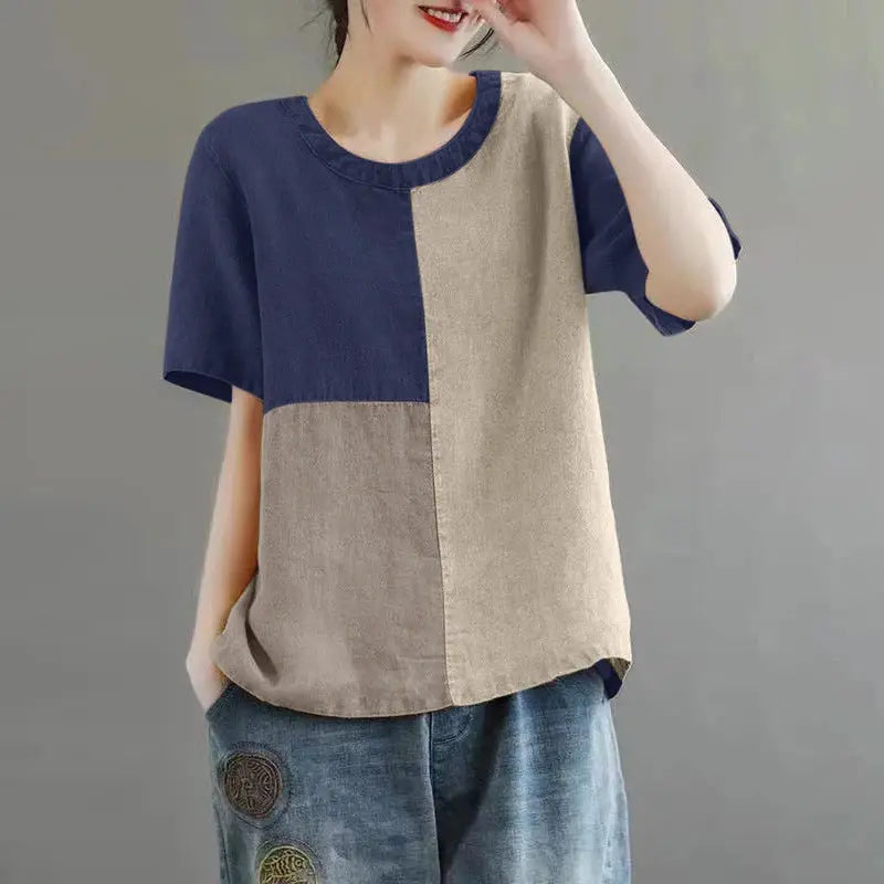 ZANZEA Women Patchwork Blouse Cotton Linen Short Sleeve Round Neck Top