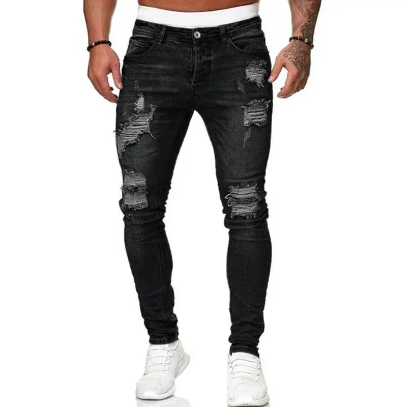 Mens Vintage Ripped Skinny Jeans Street Style Denim Pants Slim Fit