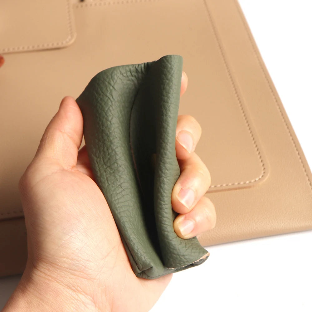 Green genuine leather card holder; compact, soft cowhide mini envelope sleeve for business cards