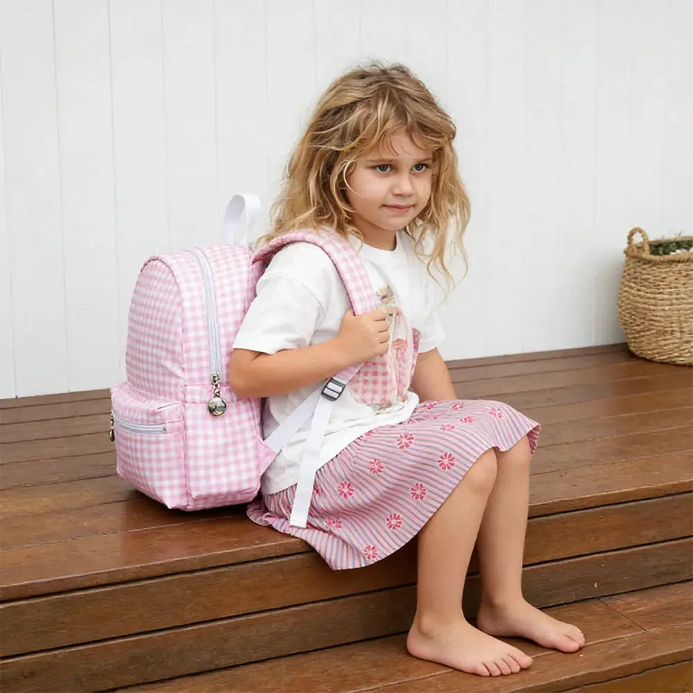 Toddler backpack pink gingham by Simples Market, lightweight preschool schoolbag for ages 3–6
