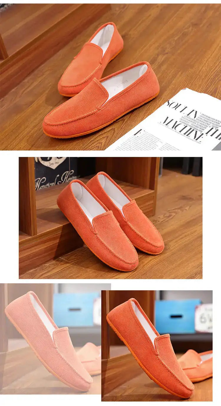 Pair of men's coral fabric loafers slip-ons, moccasin-style driving shoes with soft lining and orange sole