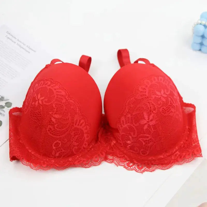 DaiNaFang push-up lace bra in red with bow, floral lace cups and scalloped trim