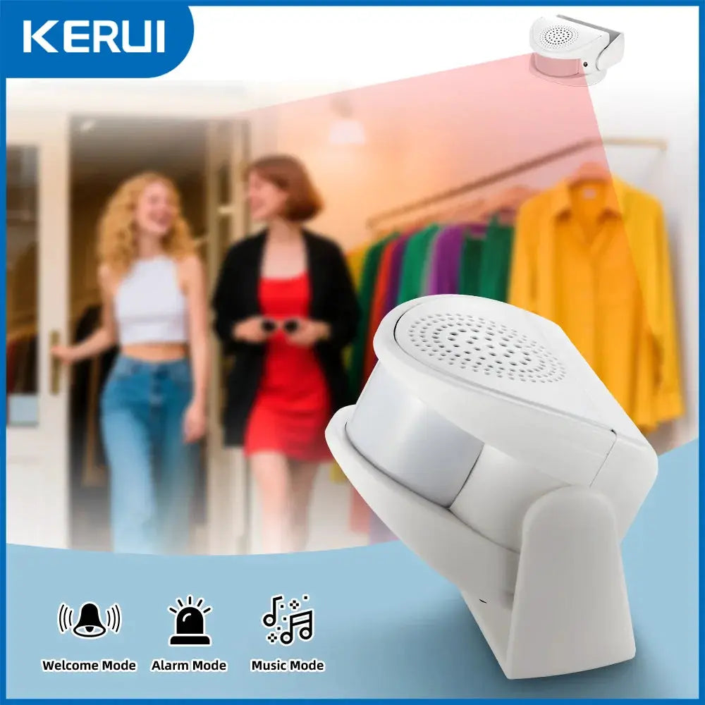 FUERS wireless guest doorbell with PIR motion sensor; white smart chime shown with Welcome/Alarm/Music modes (KERUI).