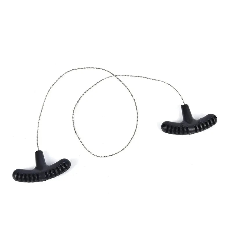 Manual rope chain saw with twin black handles and steel wire for outdoor camping and emergency use