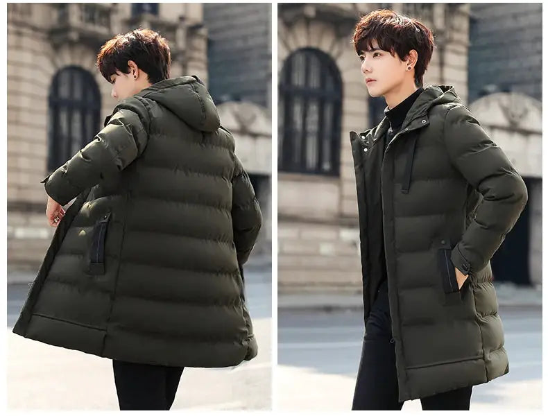 Men's Simples Market mid-length hooded cotton-padded winter jacket in olive green.
