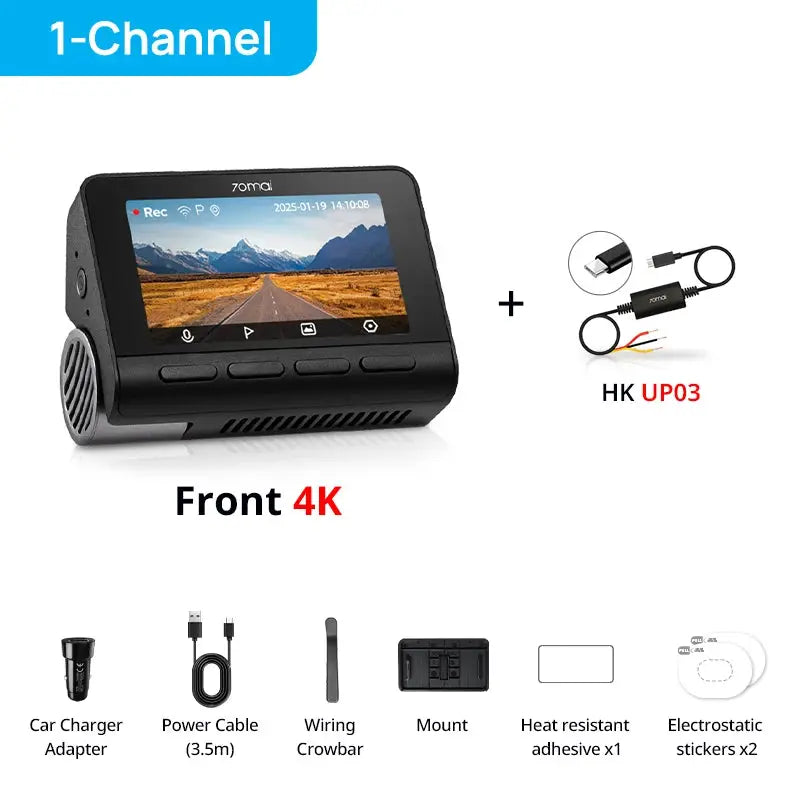 70mai 4K dash cam A800SE with front display and included car charger, power cable, and mount