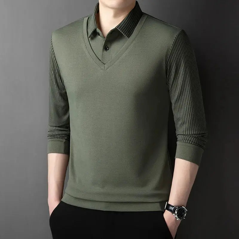 Men's olive green layered polo-style knit top with striped long sleeves by Simples Market
