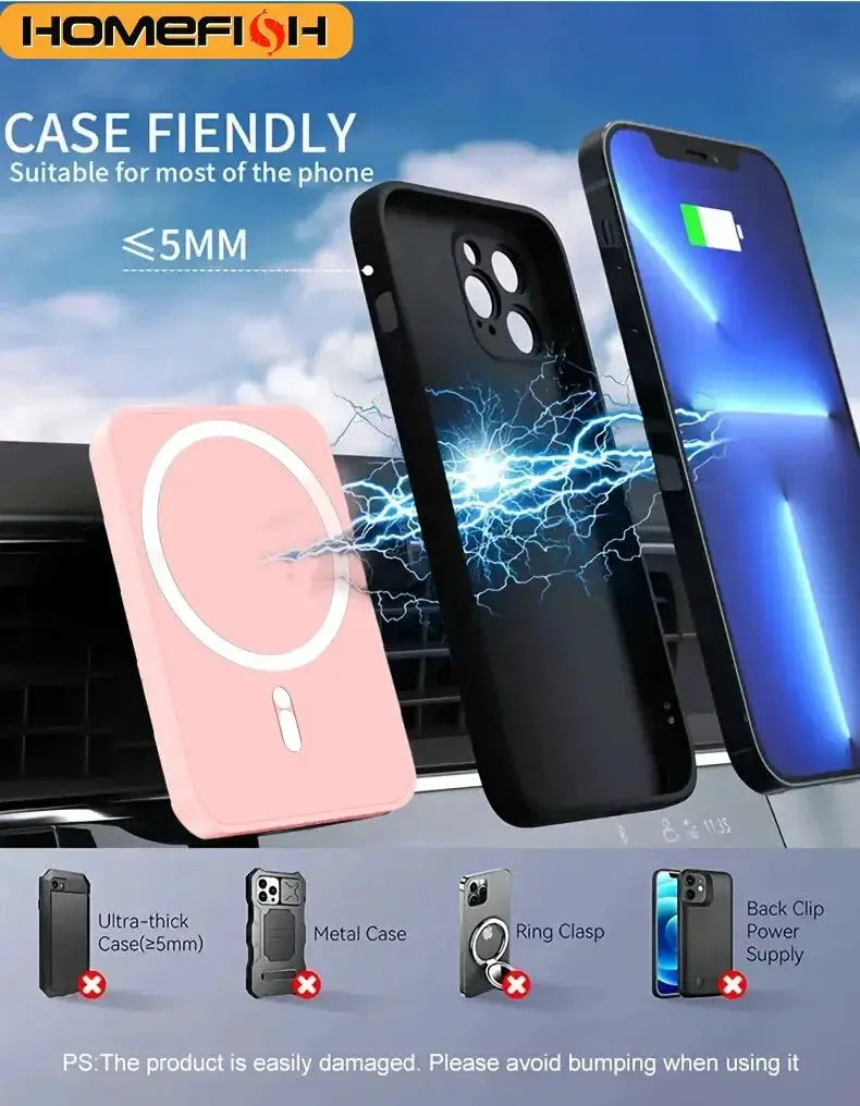 HOMEFISH magnetic car wireless charger; pink charging pad and black phone case shown in car, case-friendly.