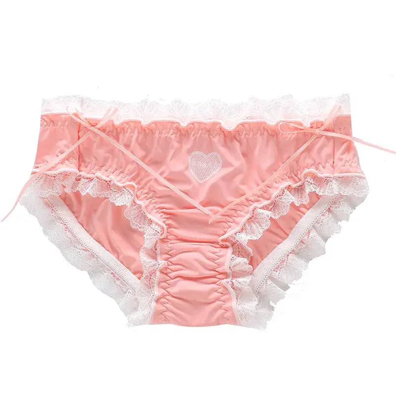 Panties, pink ice silk with white lace trim and heart applique, low-rise breathable underwear