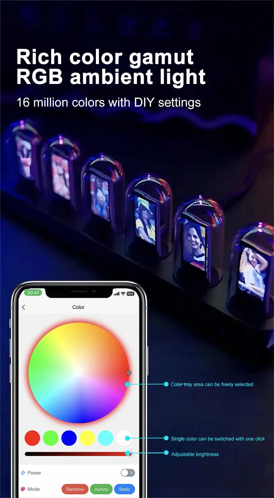 Nixie Tube Clock with RGB LED ambient light, IPS color screen, Simples Market, DIY color settings for desktop decor