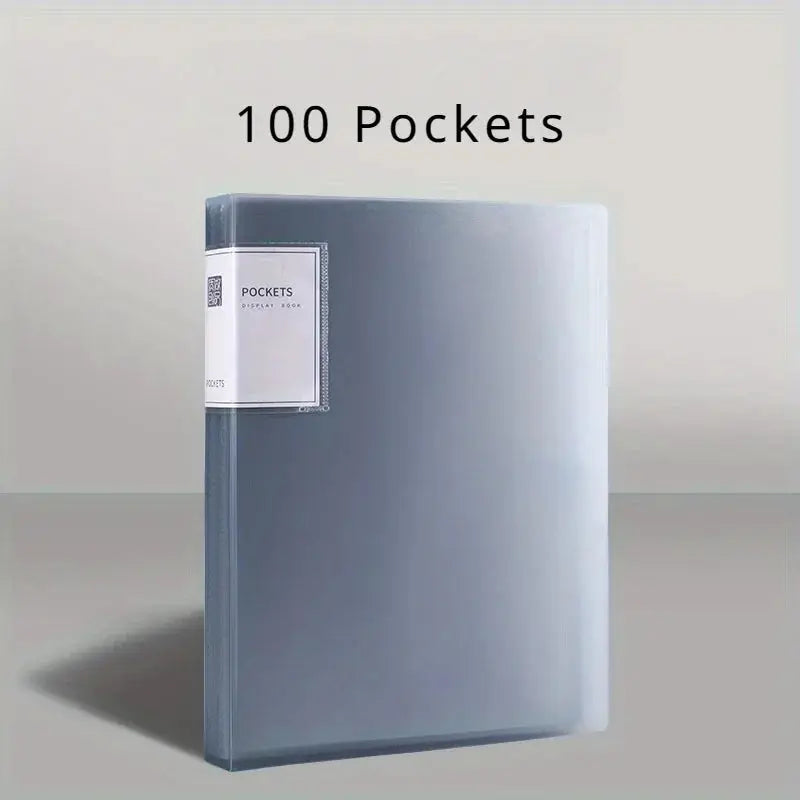 A4 transparent insert folder with 100 pockets; blue, large-capacity office storage folder.