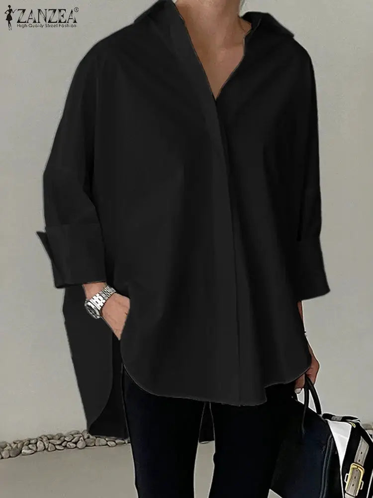 ZANZEA oversized black button-up blouse with turn-down collar and long sleeves