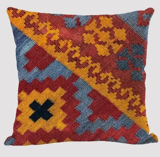 Bohemian pattern linen cushion cover by Simples Market, multicolor geometric print for living room.