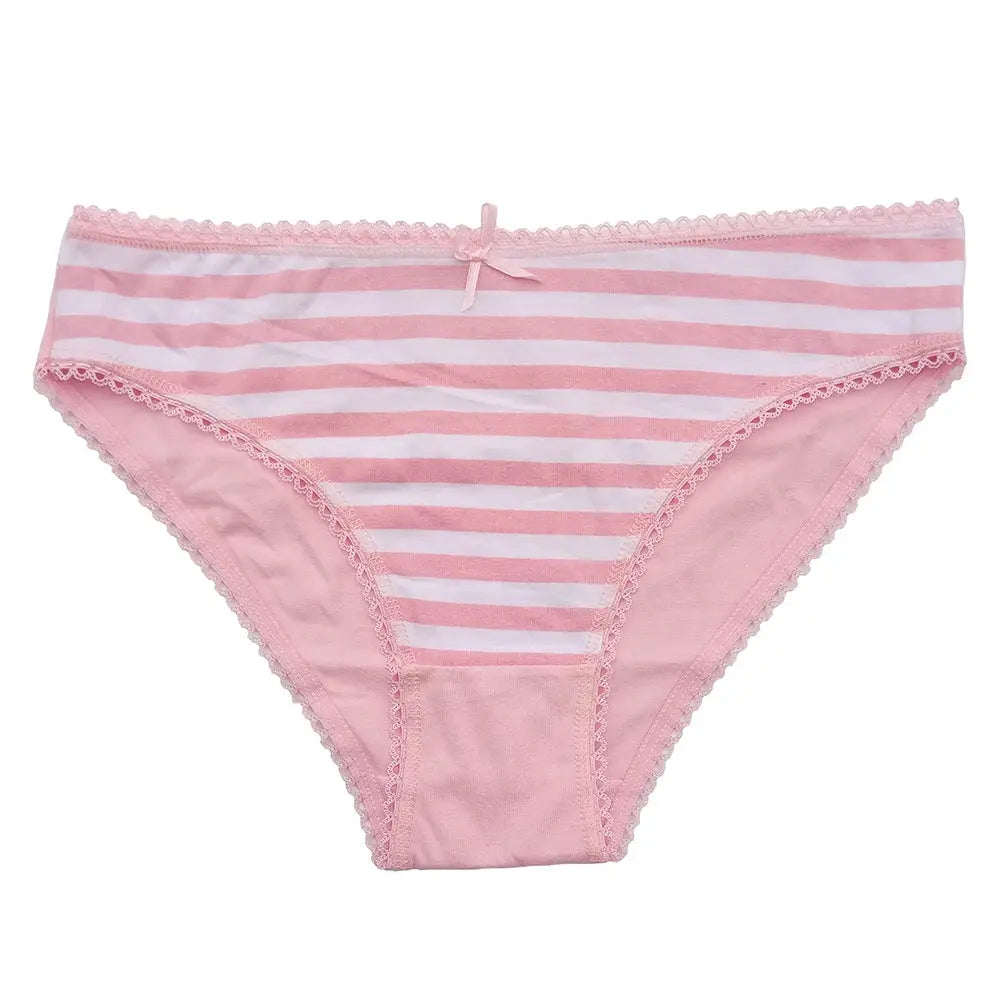Women’s pink striped cotton bikini panties with lace trim and bow detail