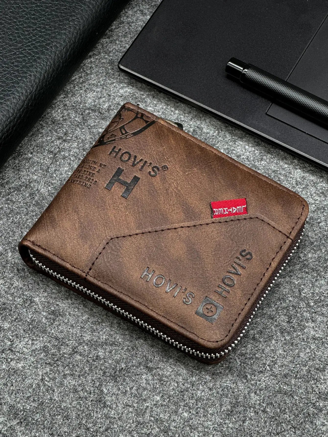 Zippered Slim Mens PU Wallet by Simples Market, brown with silver zipper