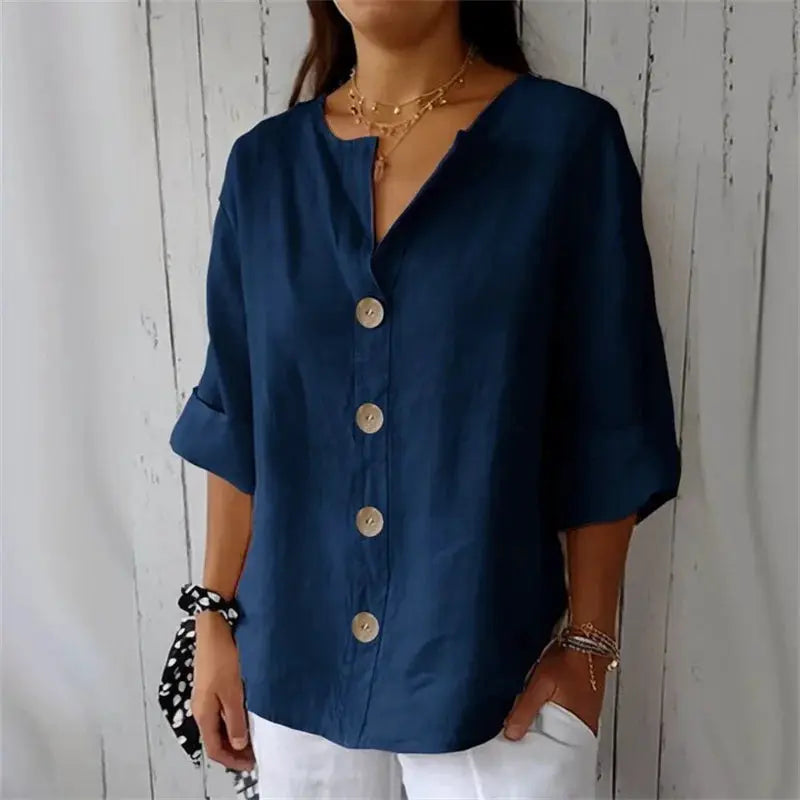 Simples Market Summer Loose Shirt for Women, navy blue cotton-linen V-neck button-front top with rolled sleeves