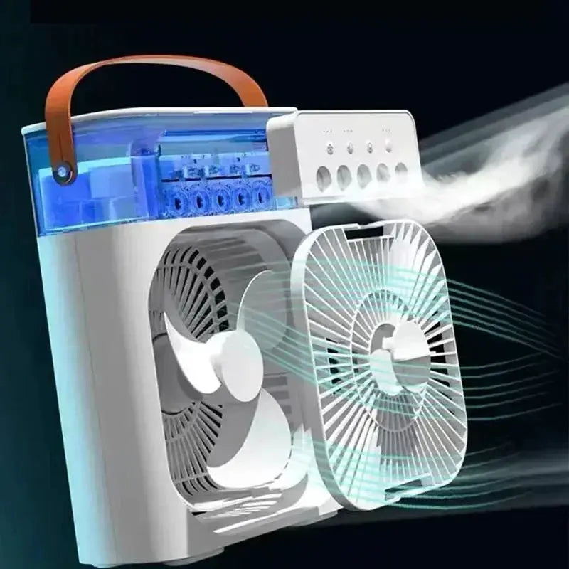 Simples Market 3-in-1 portable air cooler with dual fans, blue water reservoir and brown strap