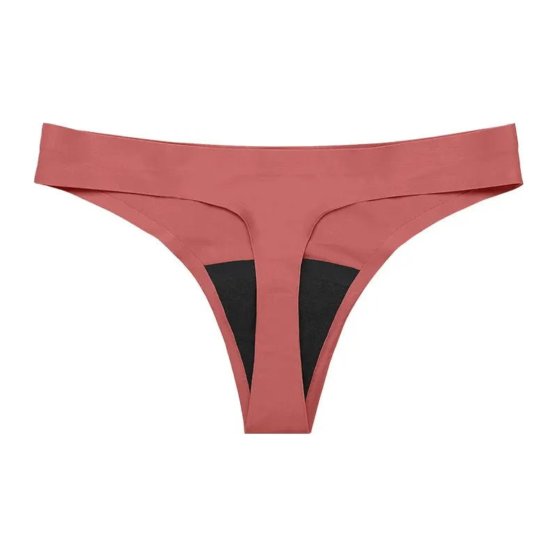 Simples Market menstrual thong panties, low-waist, seamless, 4-layer leak-proof, dusty rose.