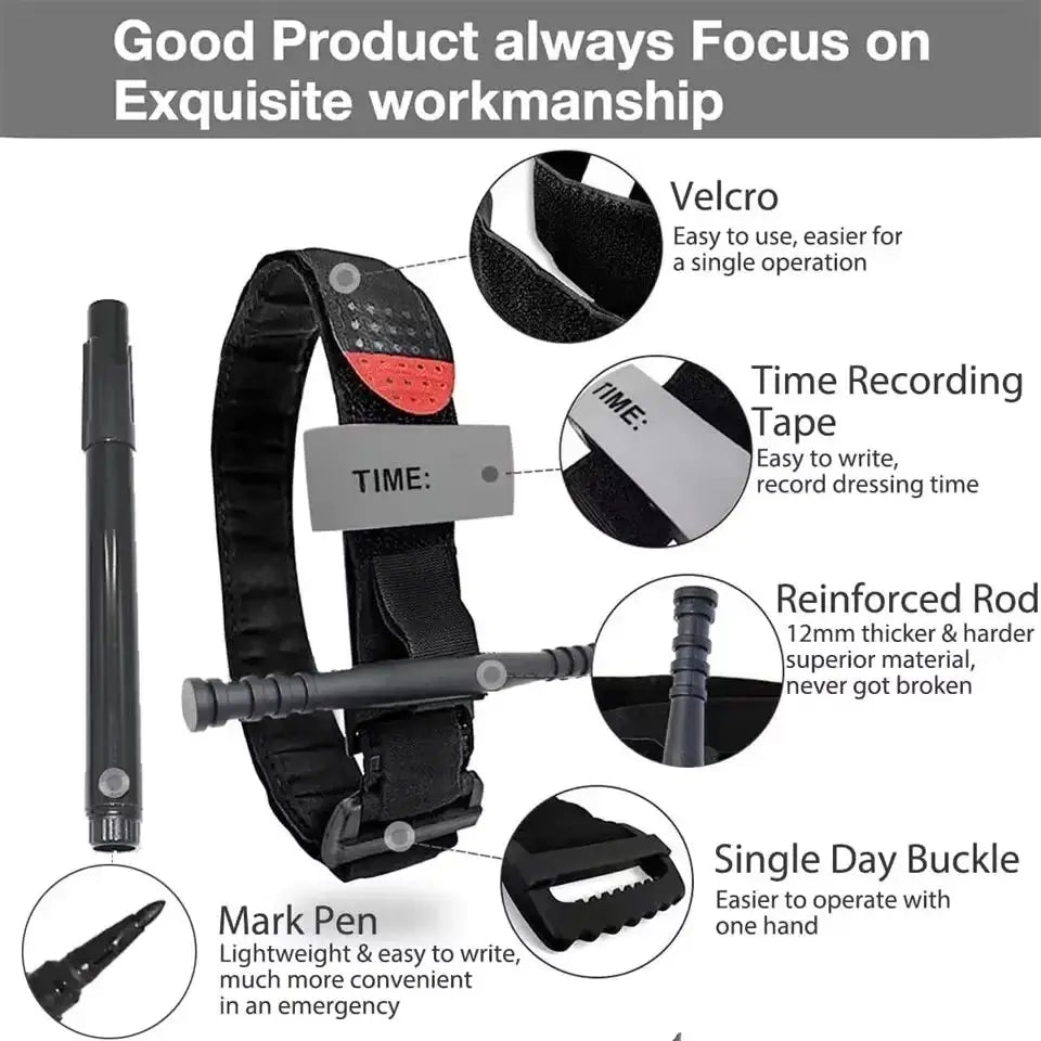 Tourniquet black tactical medical device with integrated pen, Velcro strap and time recording tape, 1pc