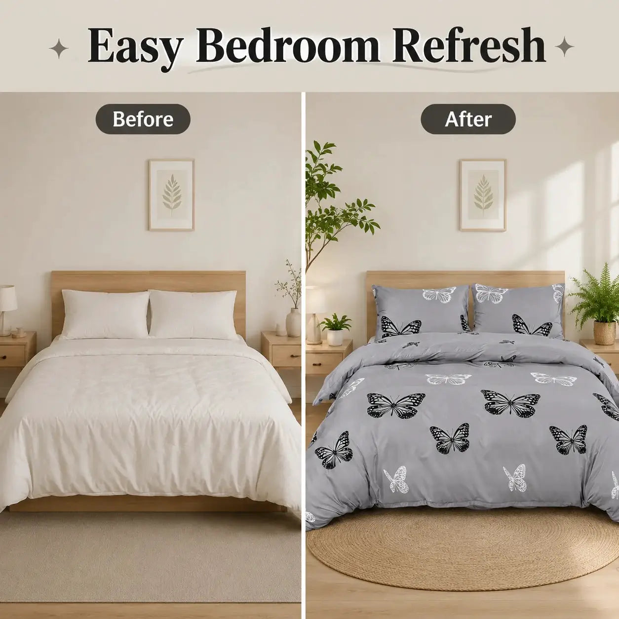 Simples Market 3-Piece Gray Butterfly Duvet Cover Set with Pillowcases; gray bedding with black butterfly print