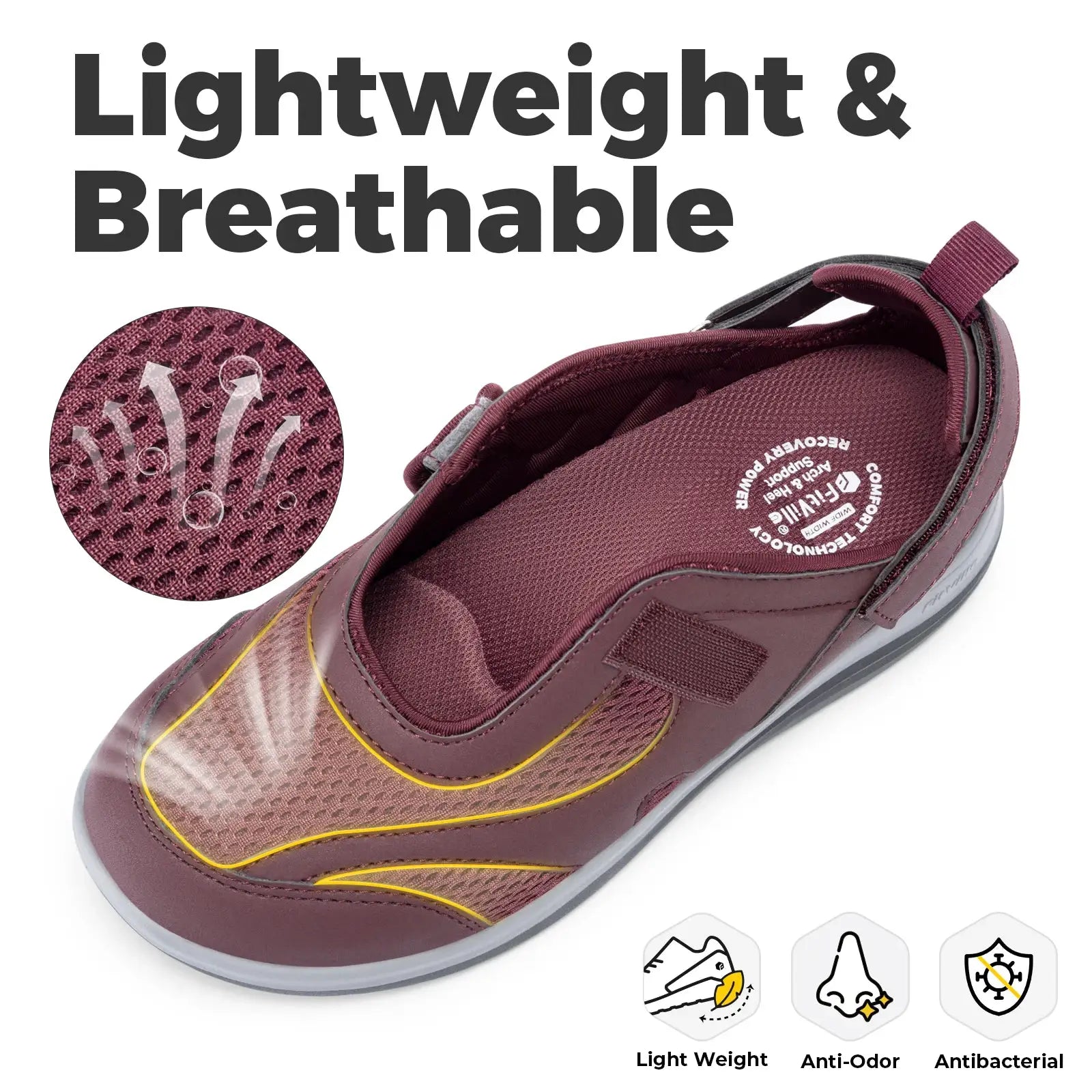 Fitville women's Mary Jane sandals in burgundy breathable mesh with widened toe for swollen feet