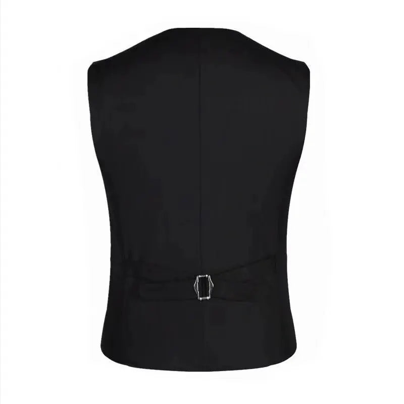 Men's black dress vest back view with buckle, sleeveless slim-fit waistcoat