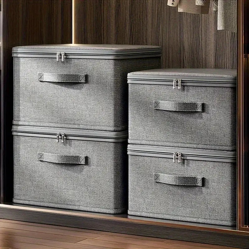 Multifunctional Foldable Storage Box set by Simples Market, grey fabric with cloth covers, 4-piece with handles.