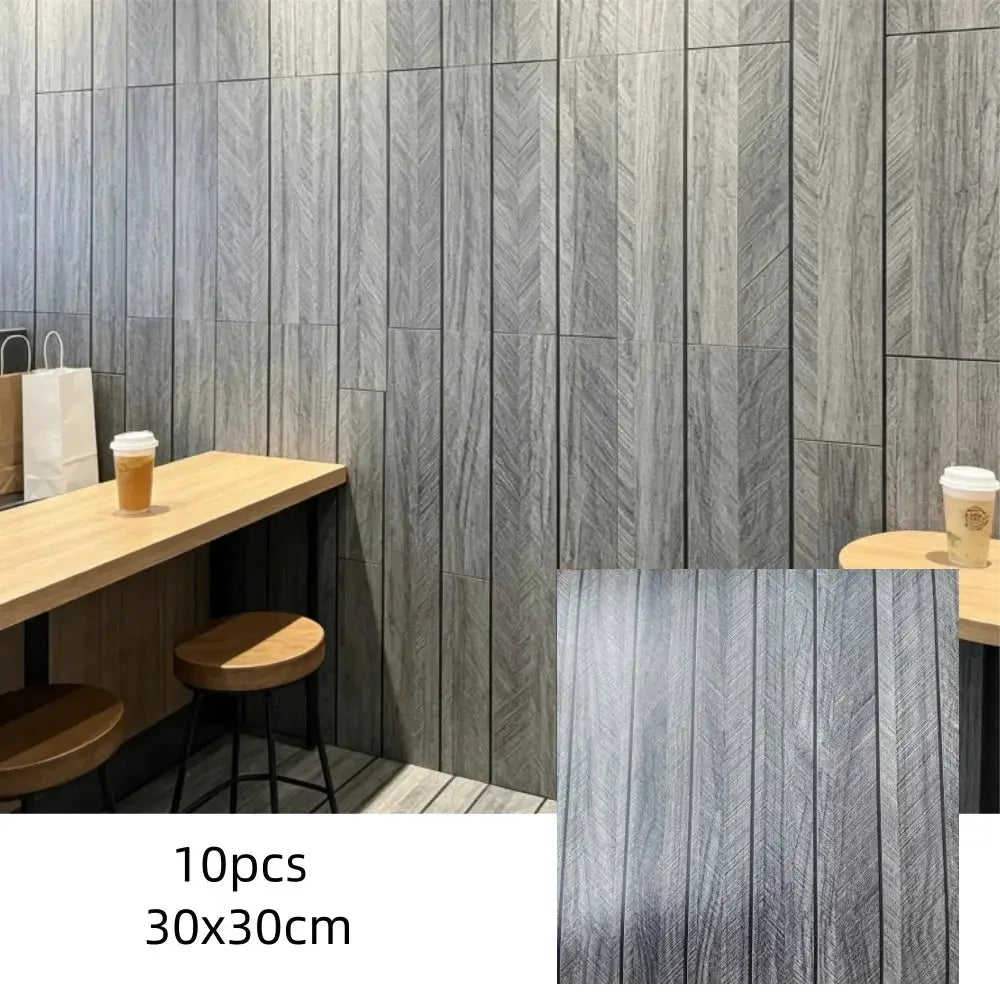 10pcs 3D wood-grain wall sticker panels, self-adhesive 30x30cm, gray decor wallpaper by Simples Market