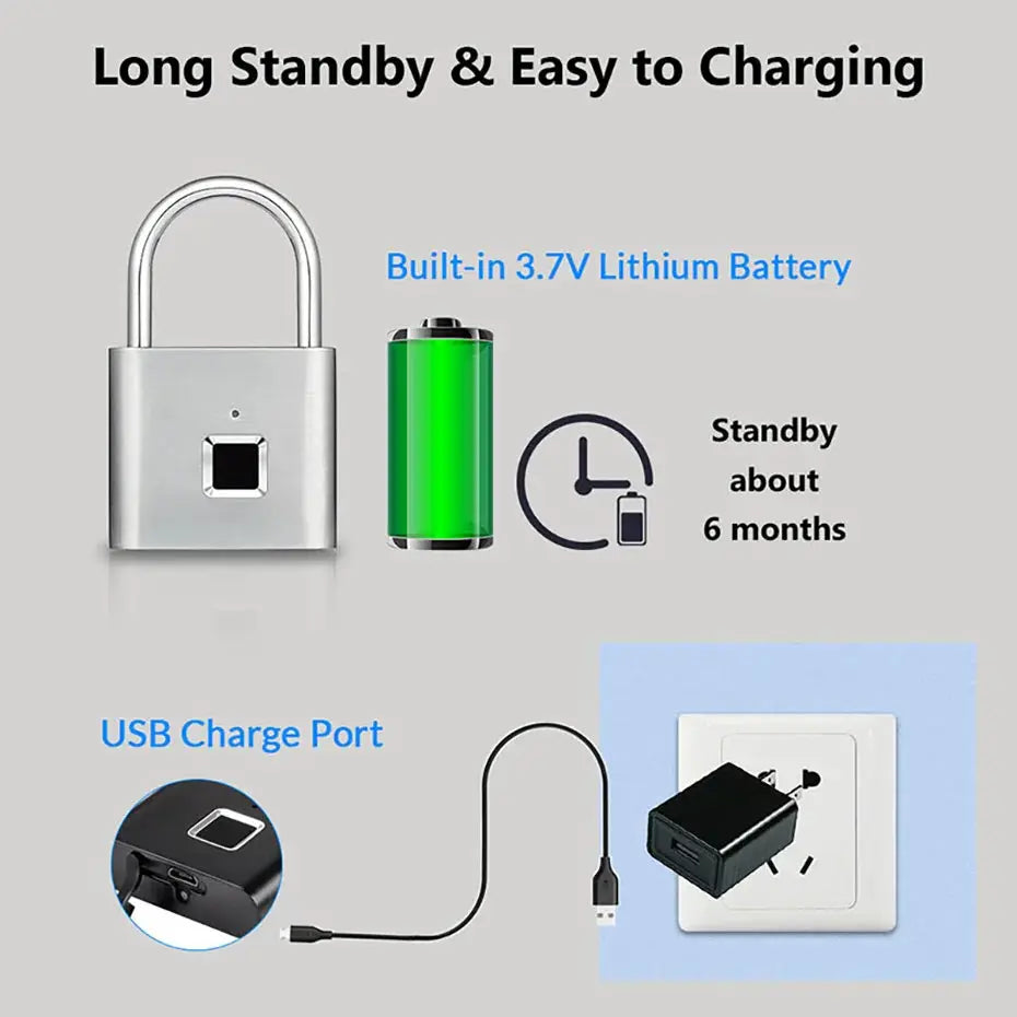 KERUI fingerprint smart padlock; USB charging, zinc body, waterproof