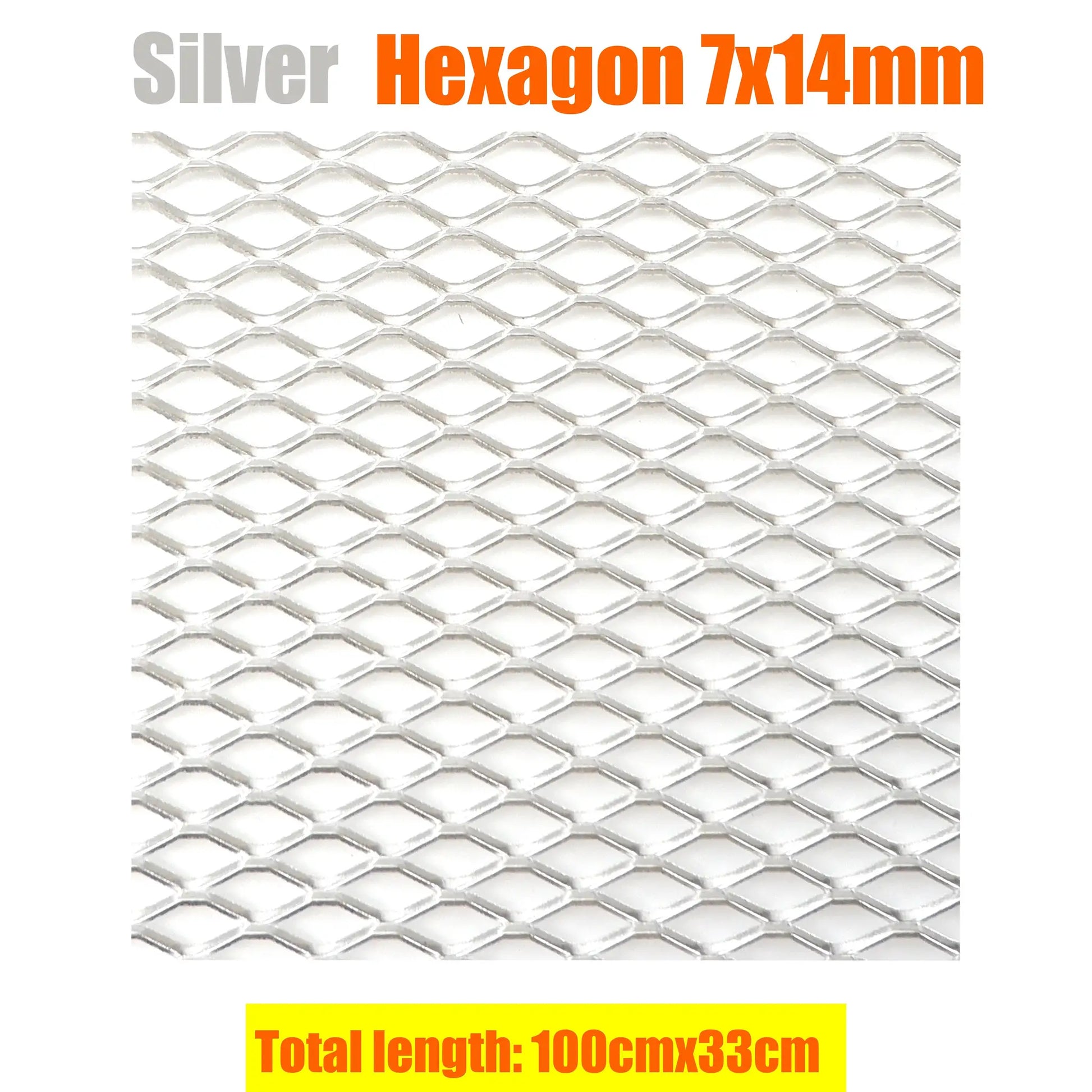 Aluminium bumper grille mesh for cars with silver hexagon diamond pattern, 100x33 cm