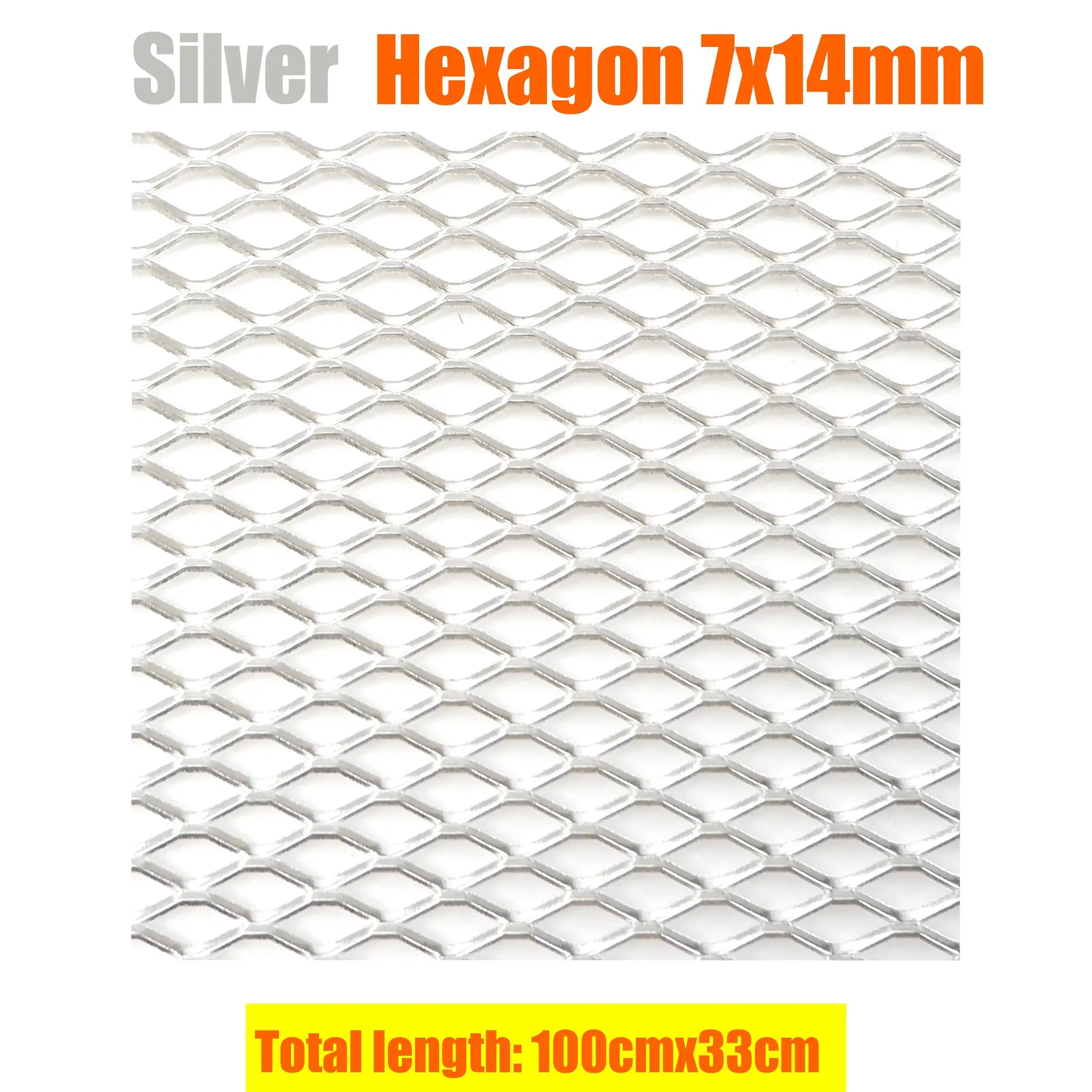 Aluminium bumper grille mesh for cars with silver hexagon diamond pattern, 100x33 cm