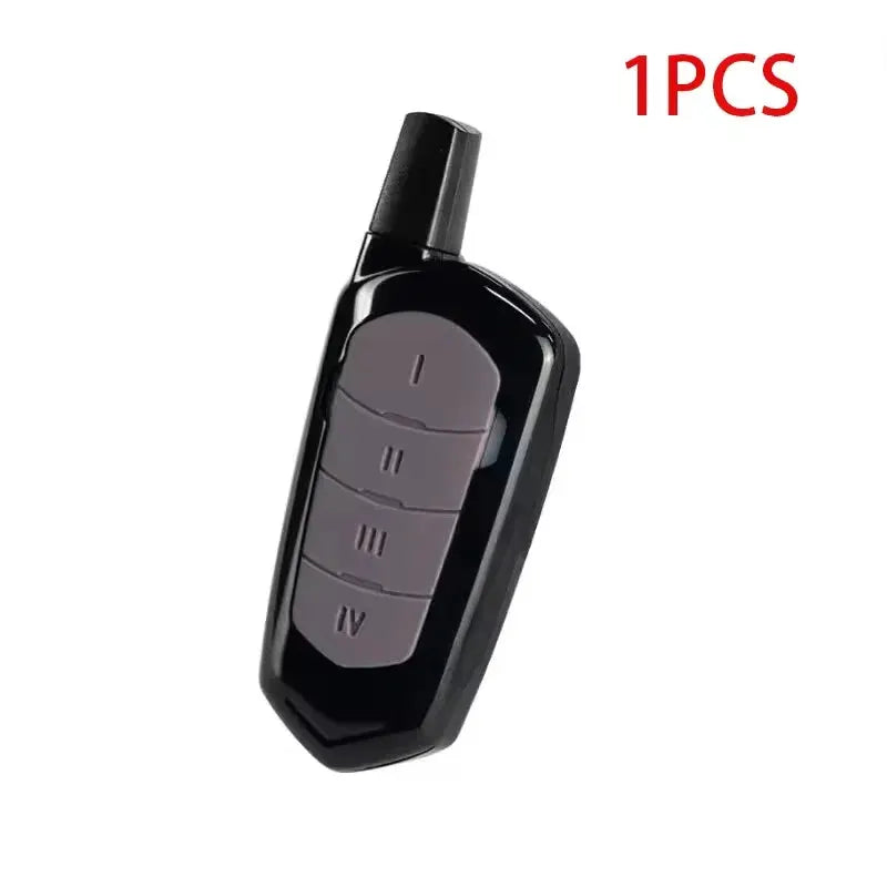 Garage remote control duplicator by Simples Market, 433MHz, black handheld with four grey buttons I II III IV.