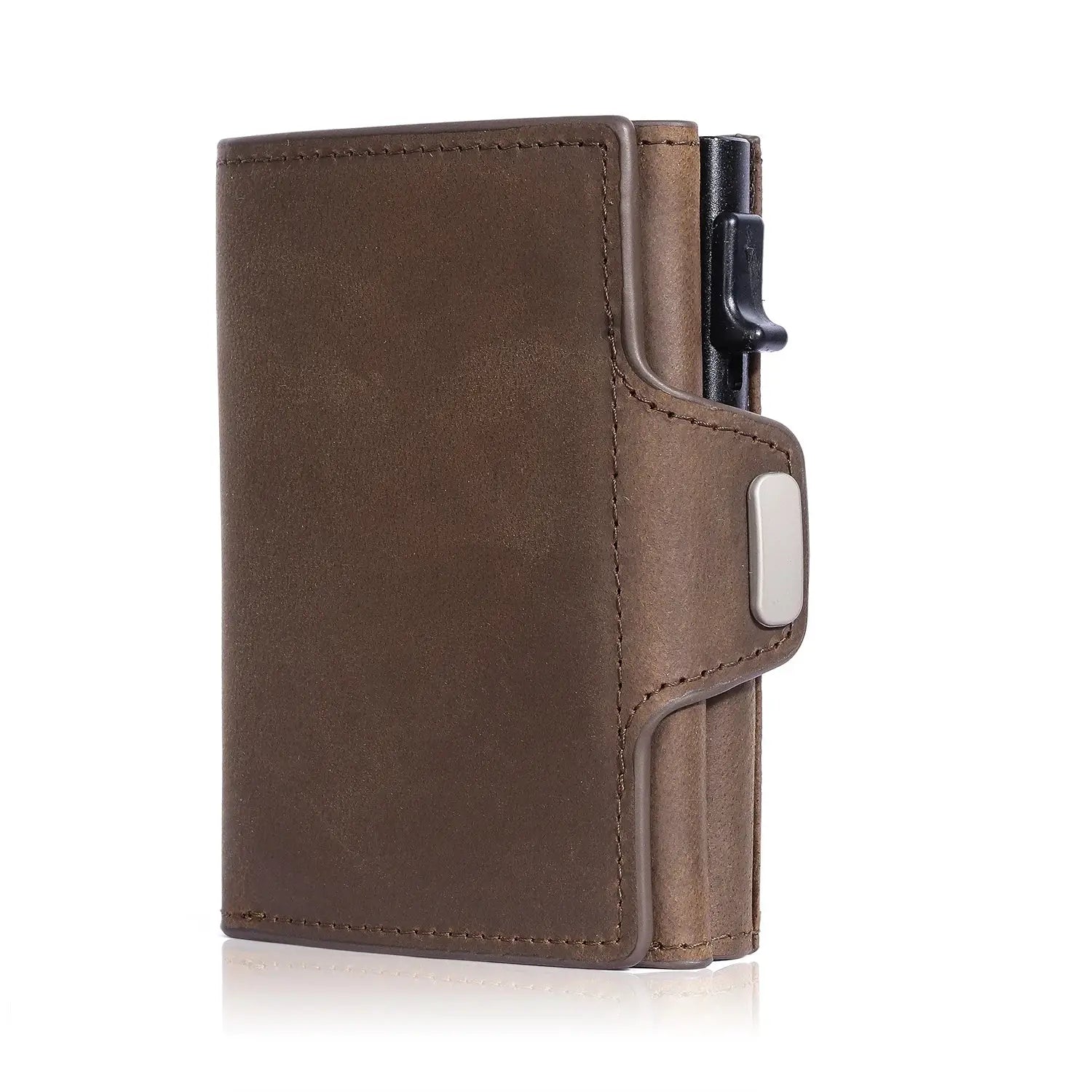 Pop-Up credit card case in brown genuine leather with RFID protection and notes and coins compartment