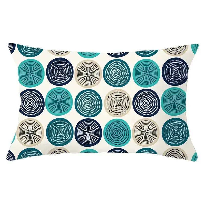 Rectangular pillowcase 30x50 cm with teal, navy and beige circular geometric patterns on white polyester sofa cover