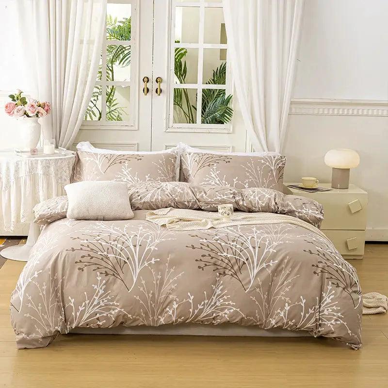 3pc leaf floral duvet cover set with beige background and white botanical pattern includes duvet cover and 2 pillowcases