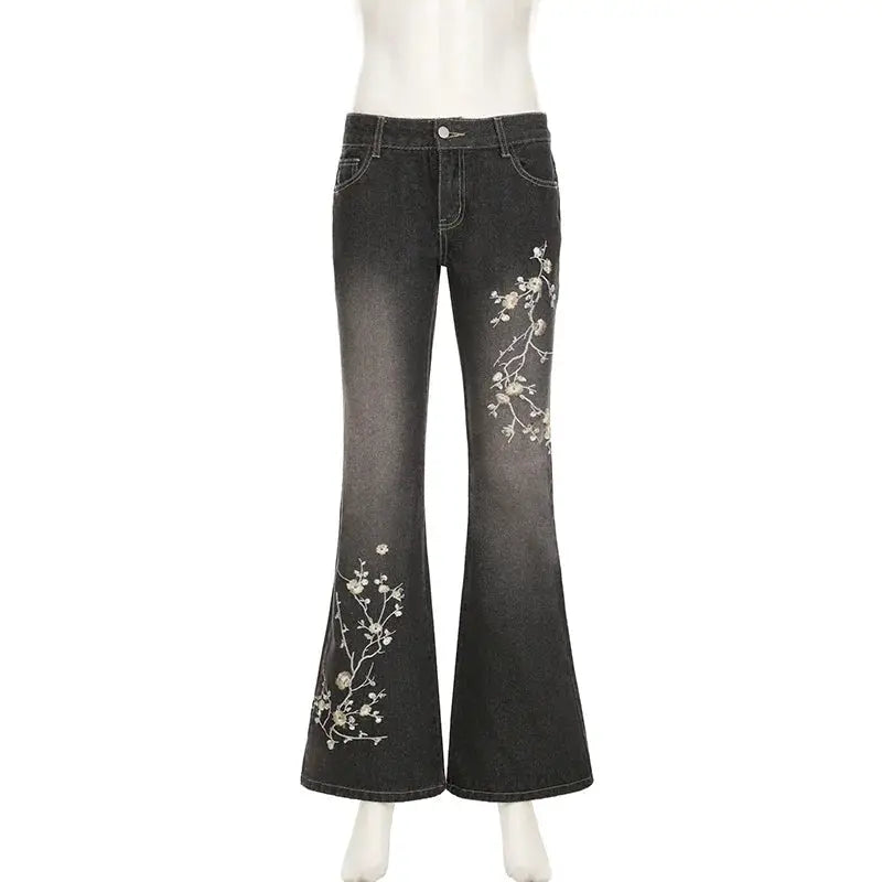 Weekeep Floral Embroidery Jeans Y2K Vintage Low Rise Flared Denim