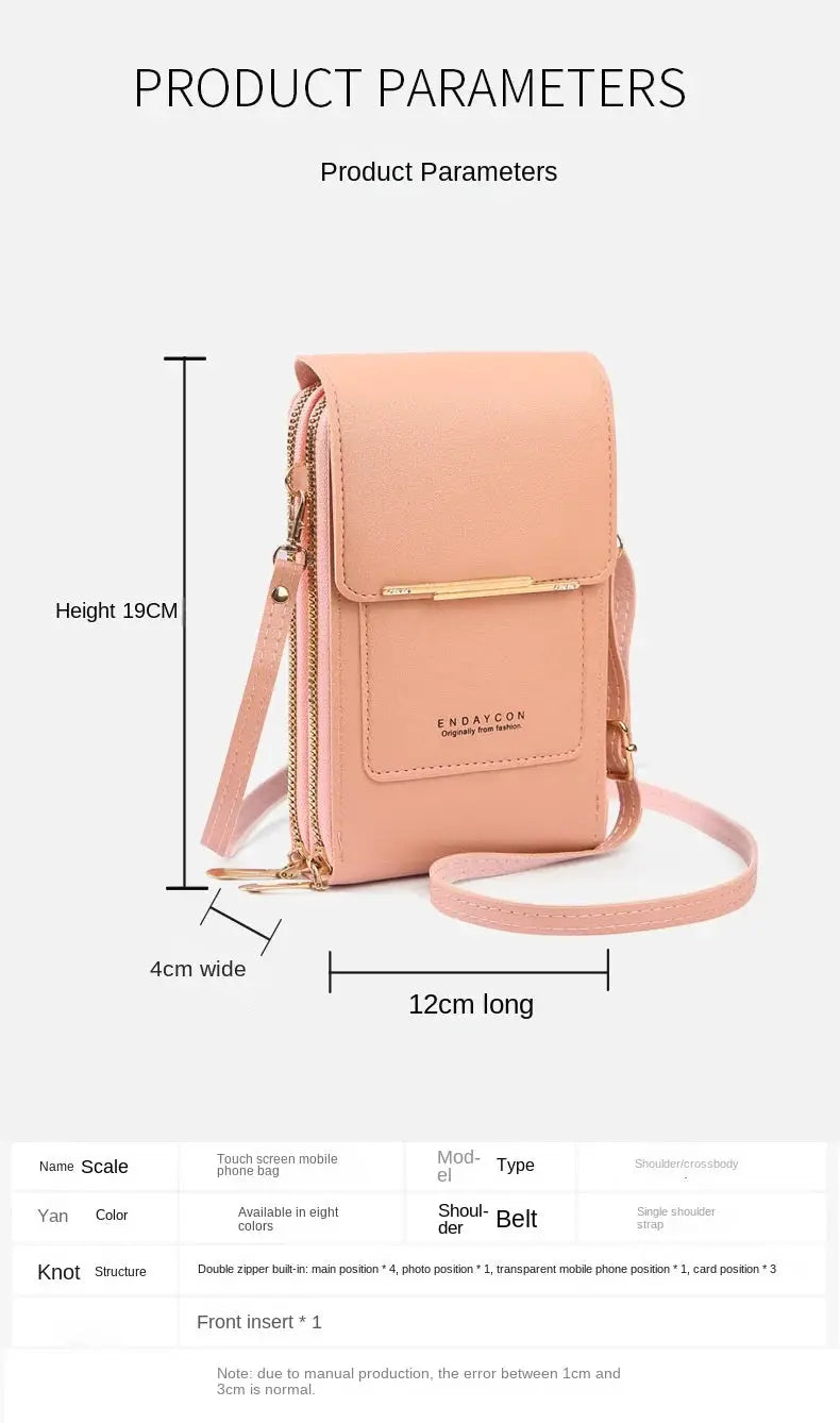 Phone bag crossbody in peach pink with card holder and touch-screen lock, Endaycon logo
