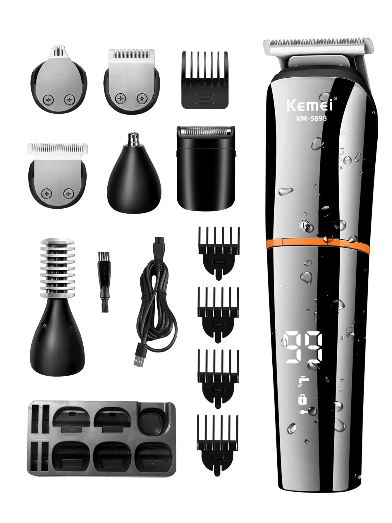 Kemei KM-5898 waterproof 11-in-1 men's grooming kit with beard trimmer, shaver, hair clipper and accessories