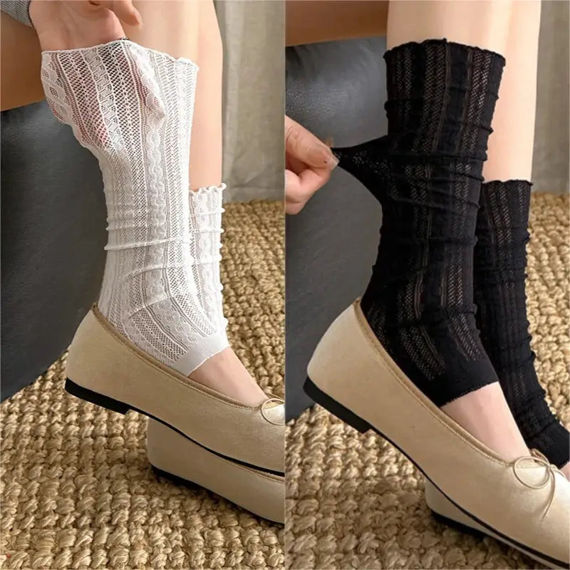 Lightweight Ballet Stamped Foot Pile Up Leg Covers With Twisted Mesh And Ruffle Detail For Summer